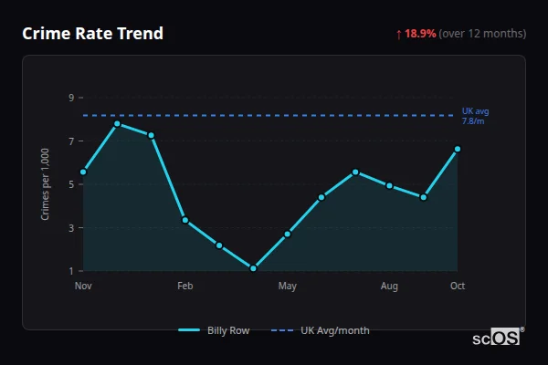 Crime Rate Trend for Billy Row - showing 18.9% increase over 12 months
