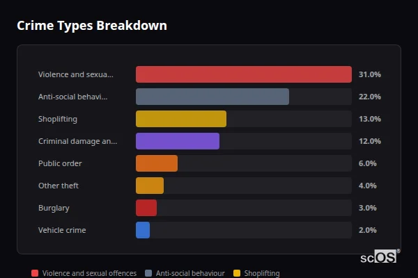 Crime Types Breakdown for Bishop Auckland - showing Violence and sexual offences (31%), Anti-social behaviour (22%), Shoplifting (13%)