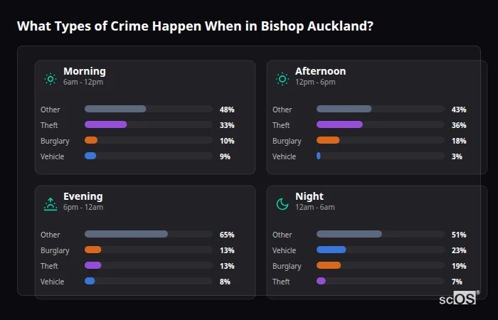 Crime types by time period for Bishop Auckland - showing breakdown of burglary, violence, theft, and vehicle crime by morning, afternoon, evening, and night