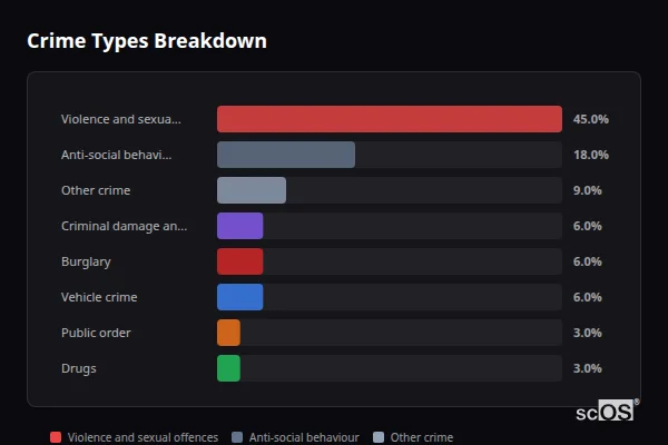 Crime Types Breakdown for Bishop Middleham - showing Violence and sexual offences (45%), Anti-social behaviour (18%), Other crime (9%)