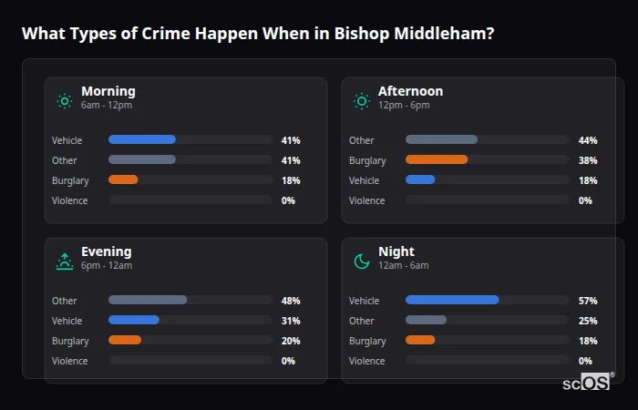 Crime types by time period for Bishop Middleham - showing breakdown of burglary, violence, theft, and vehicle crime by morning, afternoon, evening, and night