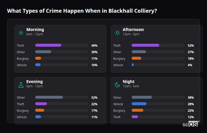 Crime types by time period for Blackhall Colliery - showing breakdown of burglary, violence, theft, and vehicle crime by morning, afternoon, evening, and night