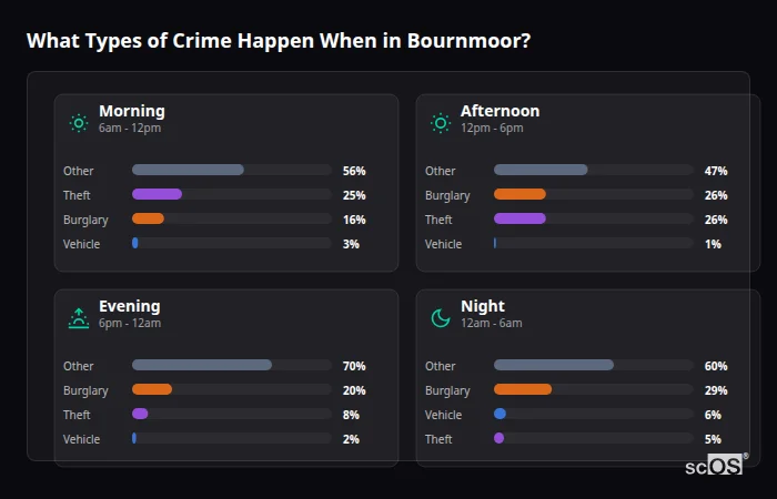 Crime types by time period for Bournmoor - showing breakdown of burglary, violence, theft, and vehicle crime by morning, afternoon, evening, and night