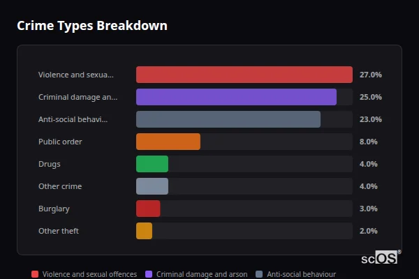 Crime Types Breakdown for Burnhope - showing Violence and sexual offences (27%), Criminal damage and arson (25%), Anti-social behaviour (23%)