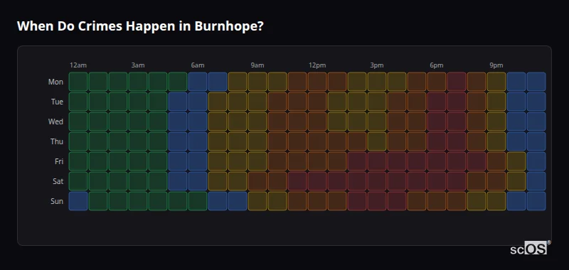 Crime time heatmap for Burnhope - showing when crimes are most likely to occur by day and hour