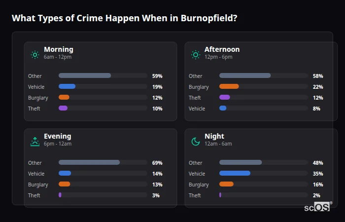 Crime types by time period for Burnopfield - showing breakdown of burglary, violence, theft, and vehicle crime by morning, afternoon, evening, and night