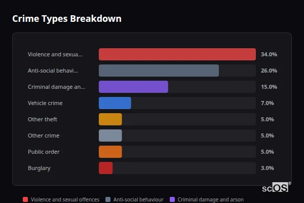 Crime Types Breakdown for Castleside - showing Violence and sexual offences (34%), Anti-social behaviour (26%), Criminal damage and arson (15%)
