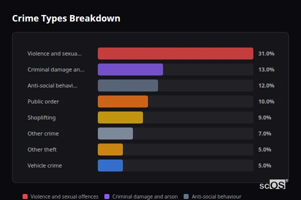 Crime Types Breakdown - Coxhoe Crime Types Breakdown for Coxhoe - showing Violence and sexual offences (31%), Criminal damage and arson (13%), Anti-social behaviour (12%)
