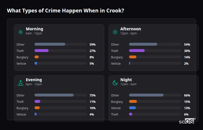 Crime types by time period for Crook - showing breakdown of burglary, violence, theft, and vehicle crime by morning, afternoon, evening, and night