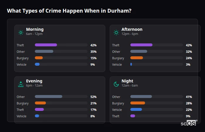 What Types of Crime Happen When in Durham? Crime types by time period for Durham - showing breakdown of burglary, violence, theft, and vehicle crime by morning, afternoon, evening, and night