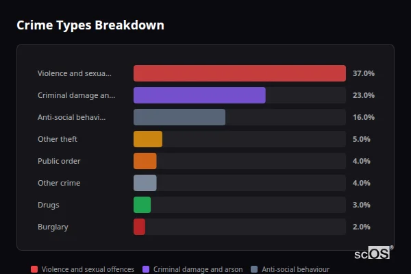 Crime Types Breakdown for Eldon Lane and Coundon Grange - showing Violence and sexual offences (37%), Criminal damage and arson (23%), Anti-social behaviour (16%)