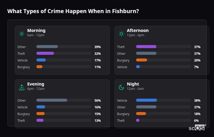 Crime types by time period for Fishburn - showing breakdown of burglary, violence, theft, and vehicle crime by morning, afternoon, evening, and night