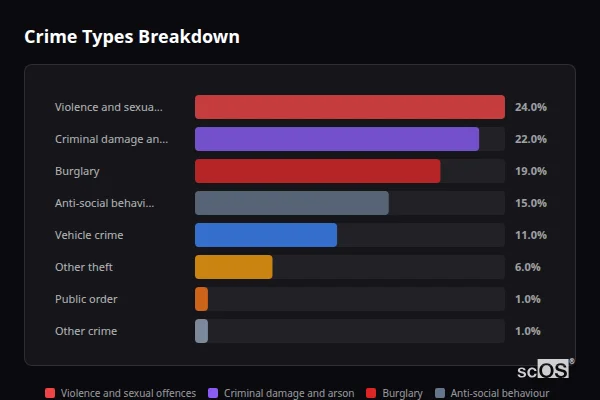 Crime Types Breakdown - Gainford Crime Types Breakdown for Gainford - showing Violence and sexual offences (24%), Criminal damage and arson (22%), Burglary (19%)