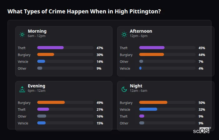 Crime types by time period for High Pittington - showing breakdown of burglary, violence, theft, and vehicle crime by morning, afternoon, evening, and night