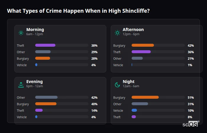 Crime types by time period for High Shincliffe - showing breakdown of burglary, violence, theft, and vehicle crime by morning, afternoon, evening, and night