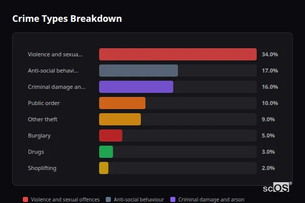 Crime Types Breakdown for Lanchester - showing Violence and sexual offences (34%), Anti-social behaviour (17%), Criminal damage and arson (16%)