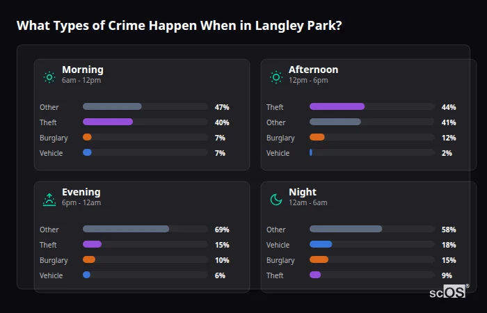 Crime types by time period for Langley Park - showing breakdown of burglary, violence, theft, and vehicle crime by morning, afternoon, evening, and night