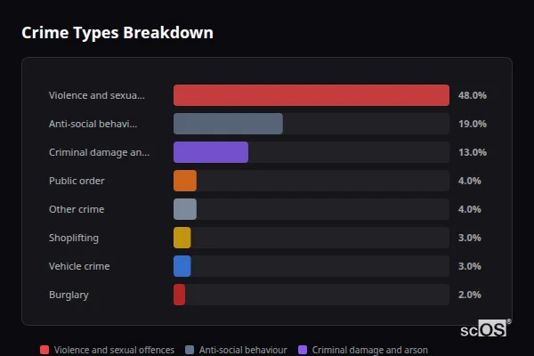 Crime Types Breakdown for Leadgate - showing Violence and sexual offences (48%), Anti-social behaviour (19%), Criminal damage and arson (13%)