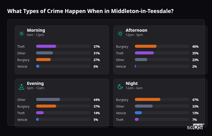 Crime types by time period for Middleton-in-Teesdale - showing breakdown of burglary, violence, theft, and vehicle crime by morning, afternoon, evening, and night