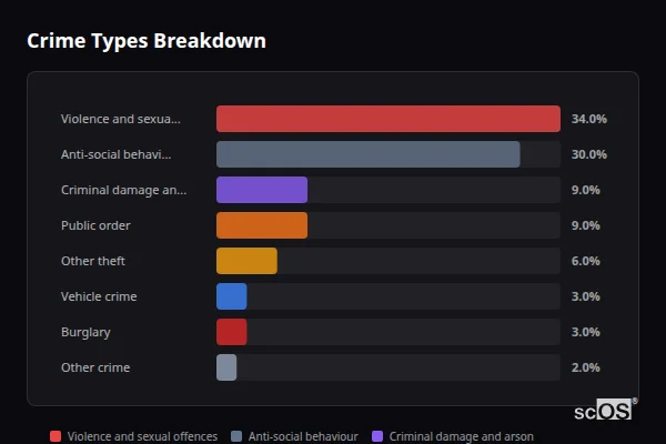 Crime Types Breakdown for Nettlesworth and Kimblesworth - showing Violence and sexual offences (34%), Anti-social behaviour (30%), Criminal damage and arson (9%)