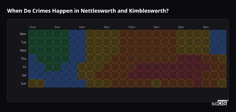 Crime time heatmap for Nettlesworth and Kimblesworth - showing when crimes are most likely to occur by day and hour