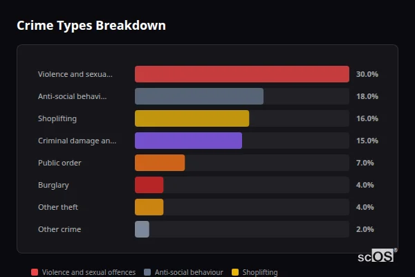 Crime Types Breakdown for Sacriston - showing Violence and sexual offences (30%), Anti-social behaviour (18%), Shoplifting (16%)