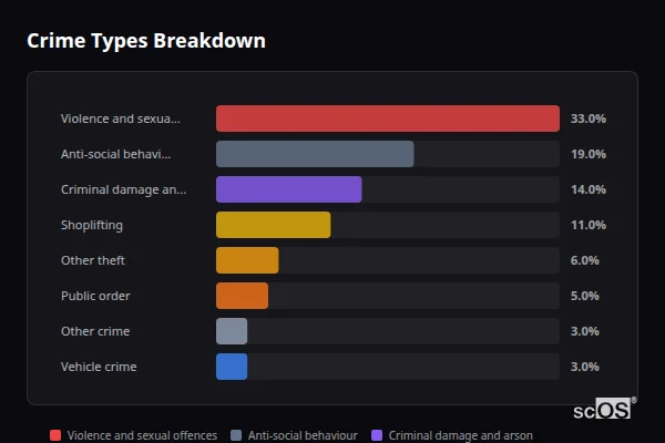 Crime Types Breakdown for Seaham - showing Violence and sexual offences (33%), Anti-social behaviour (19%), Criminal damage and arson (14%)