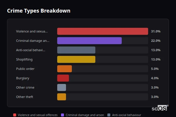 Crime Types Breakdown for Shotton Colliery - showing Violence and sexual offences (31%), Criminal damage and arson (22%), Anti-social behaviour (13%)