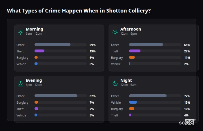 Crime types by time period for Shotton Colliery - showing breakdown of burglary, violence, theft, and vehicle crime by morning, afternoon, evening, and night