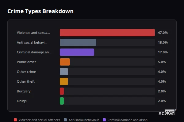 Crime Types Breakdown for South Hetton - showing Violence and sexual offences (47%), Anti-social behaviour (18%), Criminal damage and arson (17%)