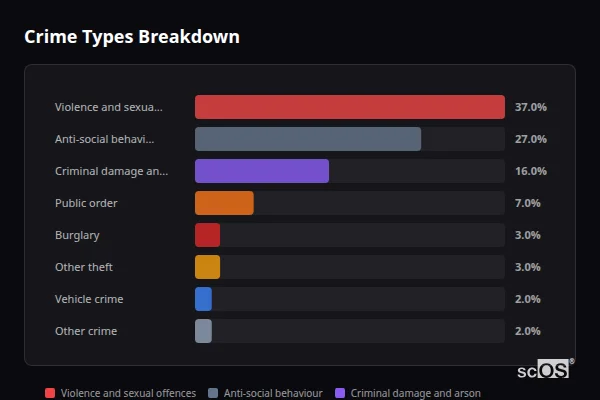 Crime Types Breakdown - Tanfield Lea Crime Types Breakdown for Tanfield Lea - showing Violence and sexual offences (37%), Anti-social behaviour (27%), Criminal damage and arson (16%)