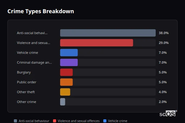 Crime Types Breakdown for Tantobie - showing Anti-social behaviour (38%), Violence and sexual offences (29%), Vehicle crime (7%)