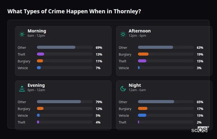 Crime types by time period for Thornley - showing breakdown of burglary, violence, theft, and vehicle crime by morning, afternoon, evening, and night