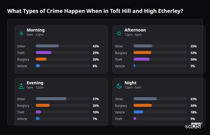 What Types of Crime Happen When in Toft Hill and High Etherley? Crime types by time period for Toft Hill and High Etherley - showing breakdown of burglary, violence, theft, and vehicle crime by morning, afternoon, evening, and night