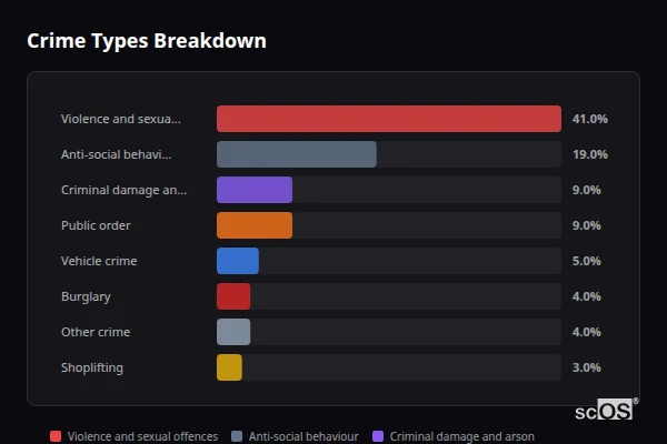 Crime Types Breakdown for Tow Law - showing Violence and sexual offences (41%), Anti-social behaviour (19%), Criminal damage and arson (9%)