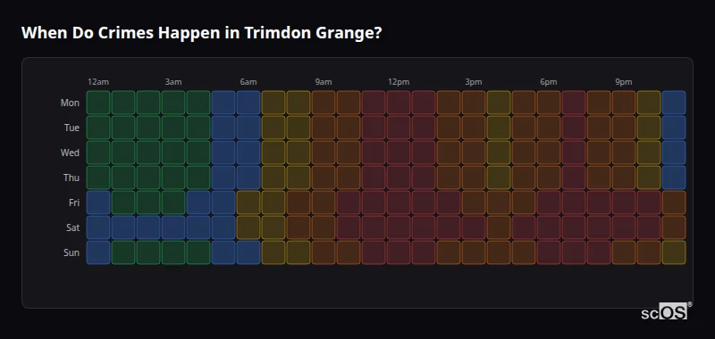 Crime time heatmap for Trimdon Grange - showing when crimes are most likely to occur by day and hour