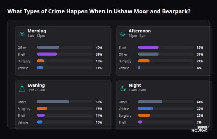 Crime types by time period for Ushaw Moor and Bearpark - showing breakdown of burglary, violence, theft, and vehicle crime by morning, afternoon, evening, and night