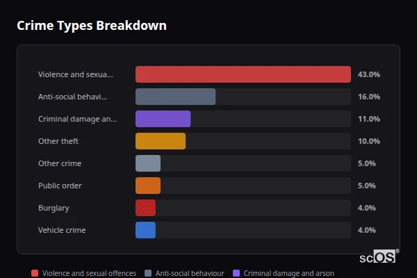 Crime Types Breakdown - Wolsingham Crime Types Breakdown for Wolsingham - showing Violence and sexual offences (43%), Anti-social behaviour (16%), Criminal damage and arson (11%)