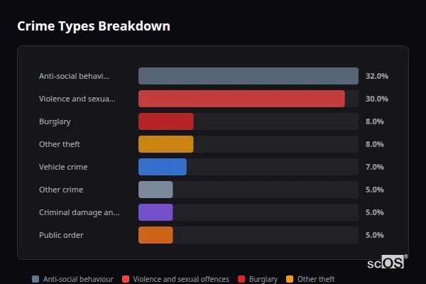 Crime Types Breakdown for Cononley - showing Anti-social behaviour (32%), Violence and sexual offences (30%), Burglary (8%)