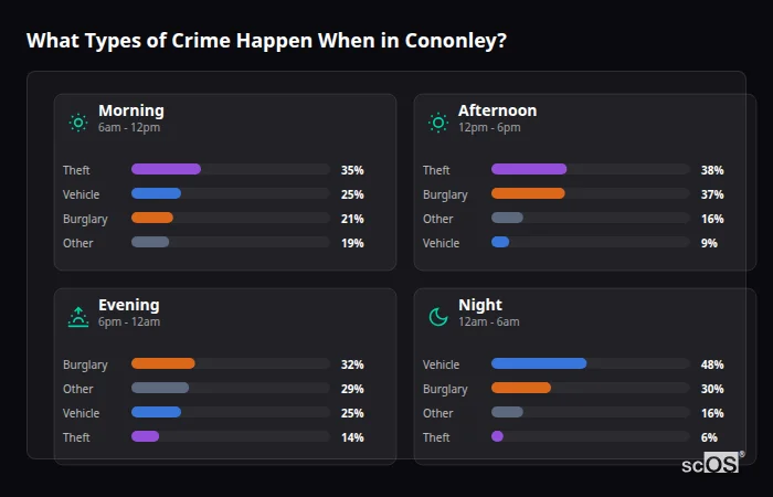 Crime types by time period for Cononley - showing breakdown of burglary, violence, theft, and vehicle crime by morning, afternoon, evening, and night
