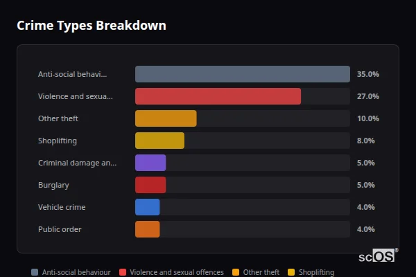 Crime Types Breakdown for Settle - showing Anti-social behaviour (35%), Violence and sexual offences (27%), Other theft (10%)