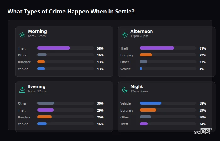 Crime types by time period for Settle - showing breakdown of burglary, violence, theft, and vehicle crime by morning, afternoon, evening, and night