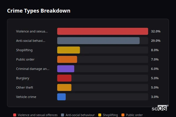 Crime Types Breakdown for Skipton - showing Violence and sexual offences (32%), Anti-social behaviour (29%), Shoplifting (8%)