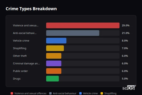 Crime Types Breakdown for Croydon - showing Violence and sexual offences (29%), Anti-social behaviour (21%), Vehicle crime (8%)