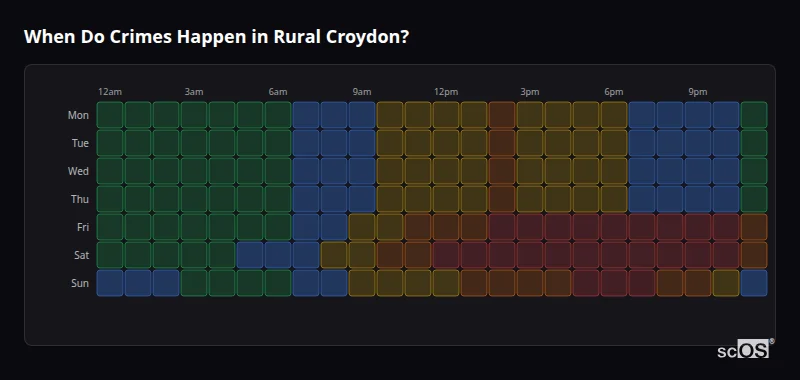When Do Crimes Happen in Rural Croydon? Crime time heatmap for Rural Croydon - showing when crimes are most likely to occur by day and hour