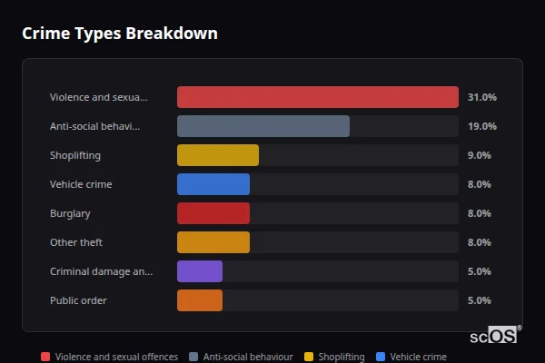 Crime Types Breakdown - Berkhamsted Crime Types Breakdown for Berkhamsted - showing Violence and sexual offences (31%), Anti-social behaviour (19%), Shoplifting (9%)