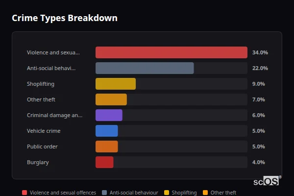 Crime Types Breakdown for Hemel Hempstead - showing Violence and sexual offences (34%), Anti-social behaviour (22%), Shoplifting (9%)