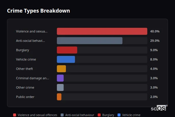 Crime Types Breakdown for Rucklers Lane - showing Violence and sexual offences (40%), Anti-social behaviour (29%), Burglary (9%)