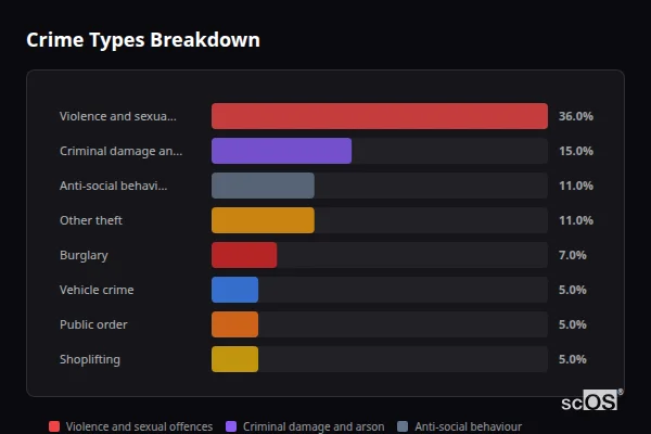 Crime Types Breakdown - Rural Dacorum Crime Types Breakdown for Rural Dacorum - showing Violence and sexual offences (36%), Criminal damage and arson (15%), Anti-social behaviour (11%)