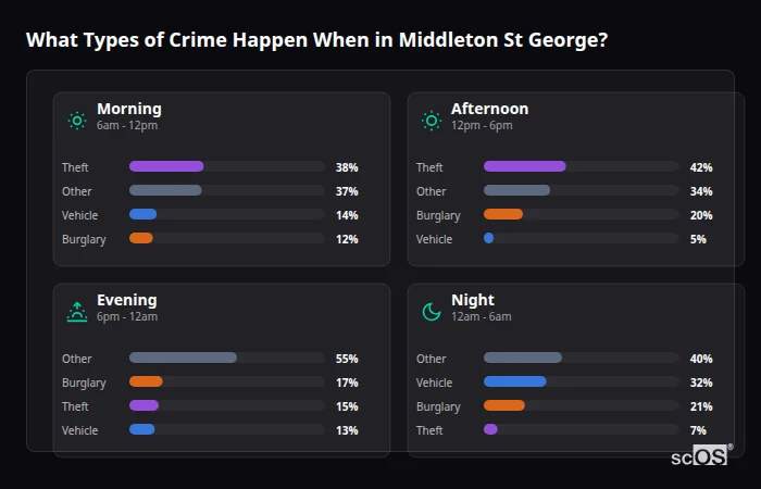 What Types of Crime Happen When in Middleton St George? Crime types by time period for Middleton St George - showing breakdown of burglary, violence, theft, and vehicle crime by morning, afternoon, evening, and night